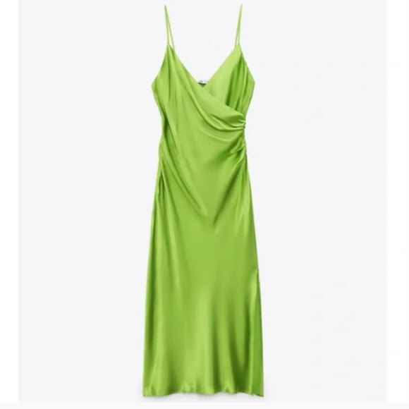 BLOGGER'S FAVE! Zara Greenish Satin Effect Slip Dress Sz S, M NWT - Picture 14 of 14